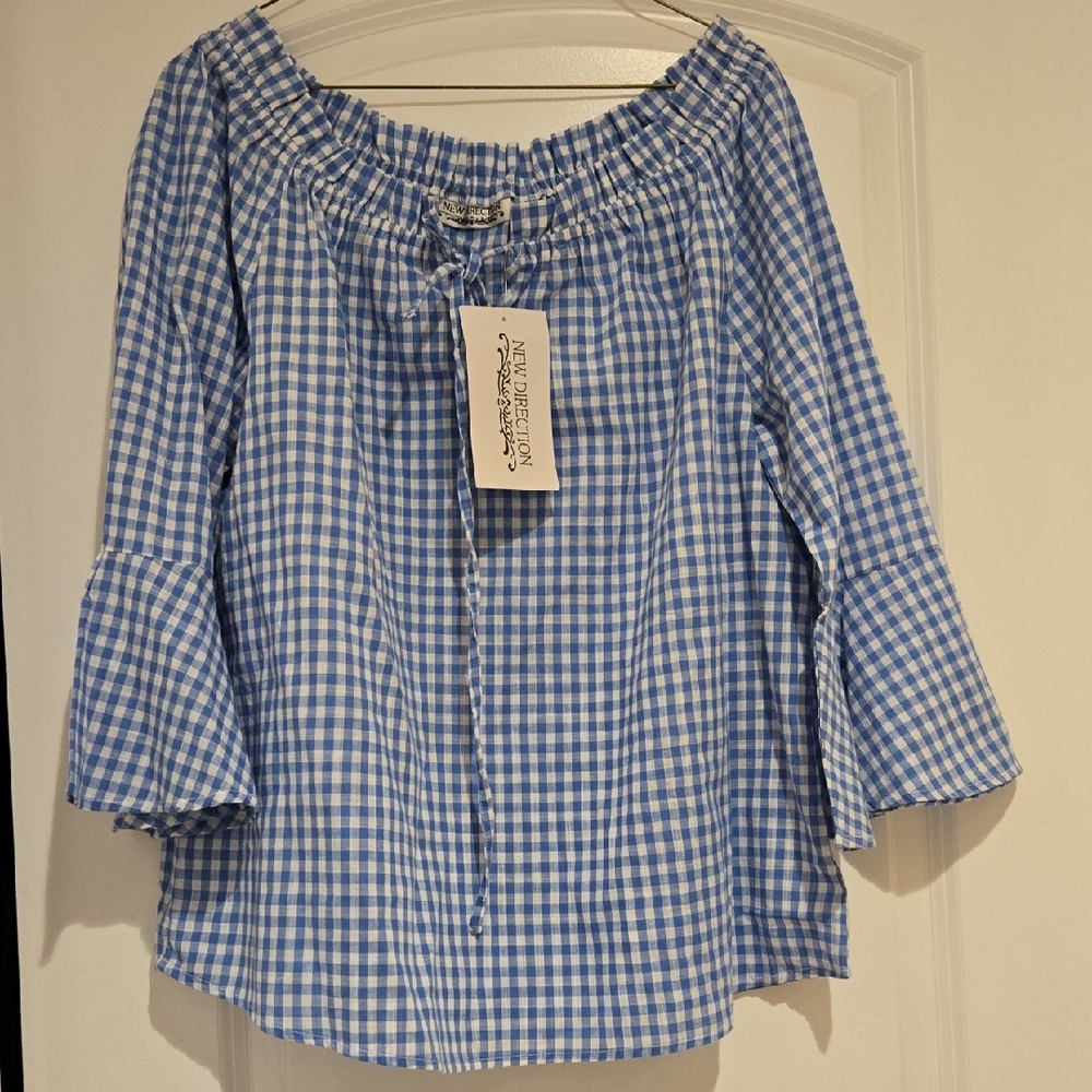 New Directions Blue Checkered Off-Shoulder Blouse